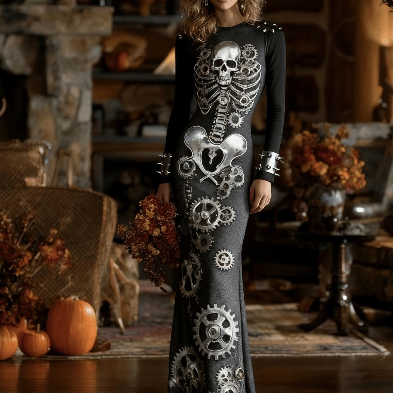 Women's Gothic Vampire Costume Dress - Full-Body Skeleton Print & Anatomical Heart Design Long Sleeve Maxi Gown with A-Line Silhouette, Short Train Hem for Halloween Parties, Prom, Themed Events - Machine Washable Gothic Wedd SS69 26.69 C / XXL