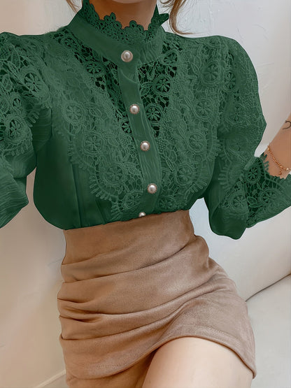 [Pearl Button Blouse] Pearl Button Elegant Victorian-Inspired Lace Blouse - Long Sleeve Mock Neck Green Polyester Pleated Design for Women, Perfect for Halloween Cosplay & Gothic Fashion SS69