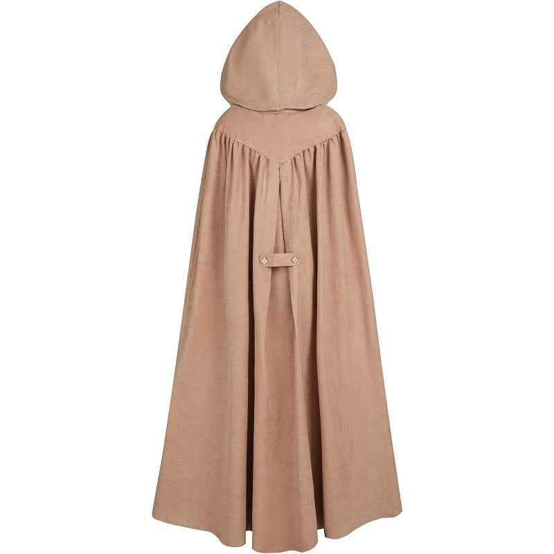 Medieval-Style Hooded Cape Costume, Celtic Knot & Satin Trim, Adjustable Tie-Front Closure, Renaissance Faire Outfit for Renaissance Festival Cosplay Themed Parties, Beige Pink Dark Green Burgundy