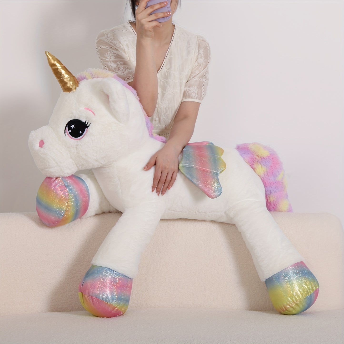 Giant Unicorn Plush Toy, White Soft & Cuddly Stuffed Animal with Rainbow Mane, Playful Design, Perfect Birthday Christmas or Halloween Gift for Youngsters Girlfriend or Boys, 44", Cozy Body Pillow, Best for Christmas Perfect