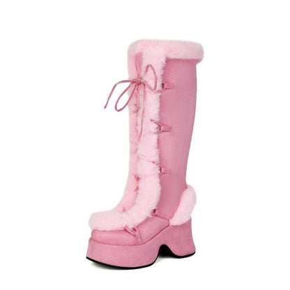 Women's Y2K Goth Boots/Faux Fur Knee-High Platform Winter/Chunky Heel & Lace-Up Closure/Warm Pink Furry Collar/Square Toe/Thick Rubber Sole & PU Cover/Cozy Snow Boots for Christmas, Parties & Casual Attire/Cold Weather Footwe
