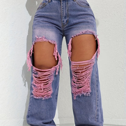 Women'S Ripped Trendy Jeans Casual Street Style Built-in Zip Closure Machine Washable All-season Comfortable Fit Multifunctional Straight-leg Trousers With Pockets Stylish Washed Purple Streetwear Trendy Versatile Jeans SS69 32.69 Violet / XL