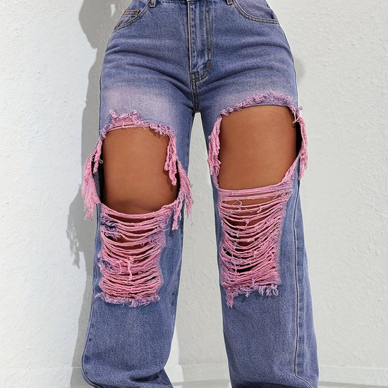 Women'S Ripped Trendy Jeans Casual Street Style Built-in Zip Closure Machine Washable All-season Comfortable Fit Multifunctional Straight-leg Trousers With Pockets Stylish Washed Purple Streetwear Trendy Versatile Jeans SS69 32.69 Violet / XL