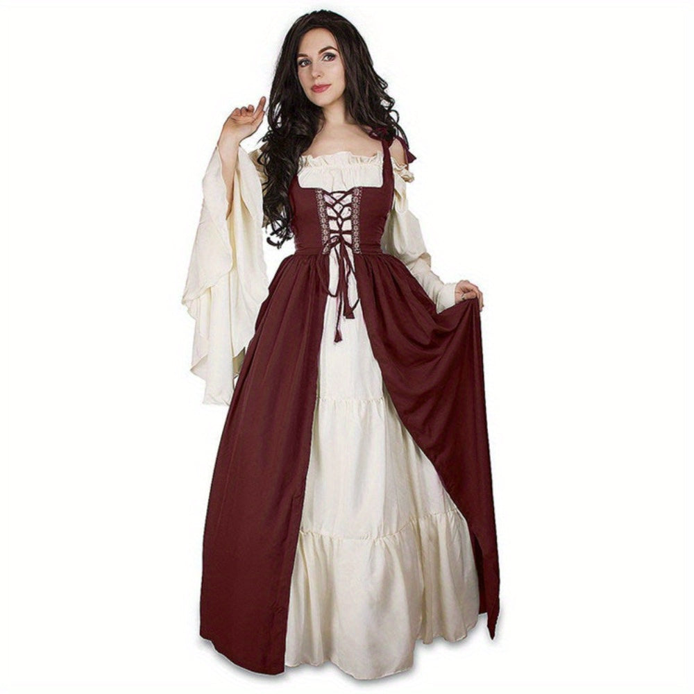 [Elegant Medieval Costume] Elegant Women's Medieval Two-Piece Costume - Renaissance Drama Outfit with Corset-like Bodice & Long Flowing Skirt | Halloween, Renaissance Faire, Themed Parties | Burgundy/White, Black/White, Green