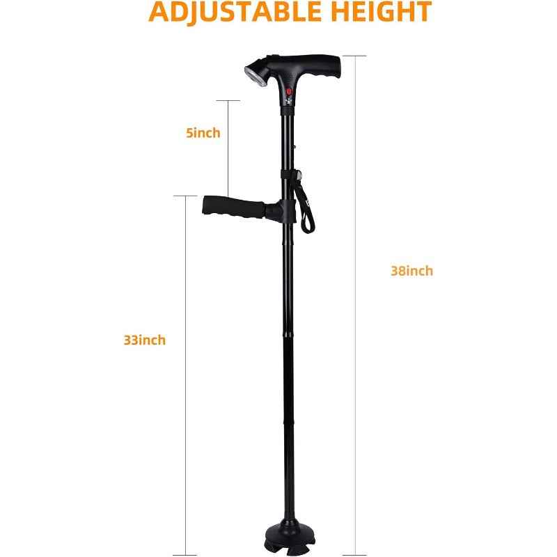 Heavy-Duty Folding Cane with LED Light & Alarm - Adjustable Height (5-Tier/83.82cm-96.52cm) Cane Suitable for, Stick with Pivoting Quad Base, Slip-Resistant Tip, T-Handle & Wrist Strap (Collapsible Crutch)
