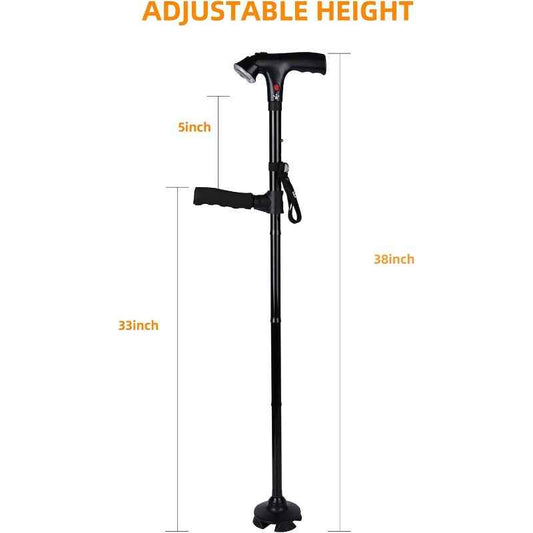 Heavy-Duty Folding Cane with LED Light & Alarm - Adjustable Height (5-Tier/83.82cm-96.52cm) Cane Suitable for, Stick with Pivoting Quad Base, Slip-Resistant Tip, T-Handle & Wrist Strap (Collapsible Crutch)