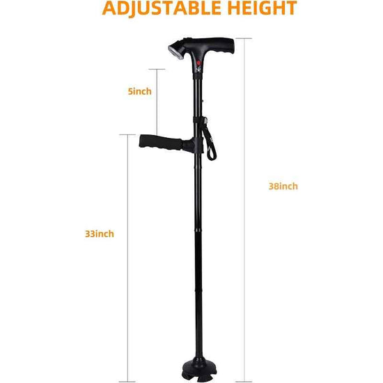 Heavy-Duty Folding Cane with LED Light & Alarm - Adjustable Height (5-Tier/83.82cm-96.52cm) Cane Suitable for, Stick with Pivoting Quad Base, Slip-Resistant Tip, T-Handle & Wrist Strap (Collapsible Crutch)