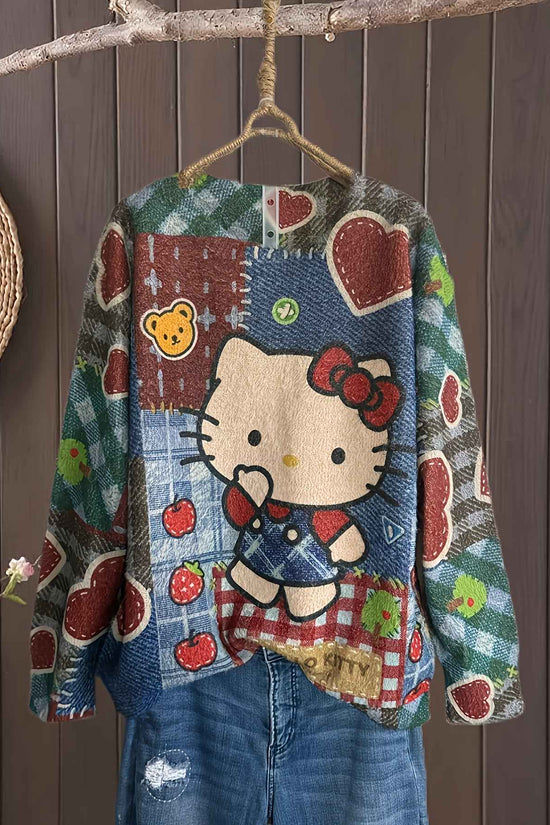 Plus Size, Women's Plus Size Elegant Oversized Plush Cat & Floral Sweater - Loose Fit Round Neck Long Sleeve Pullover, Cozy Winter Sweaters Suitable for Fall/Winter, Casual & Semi-Formal Wear