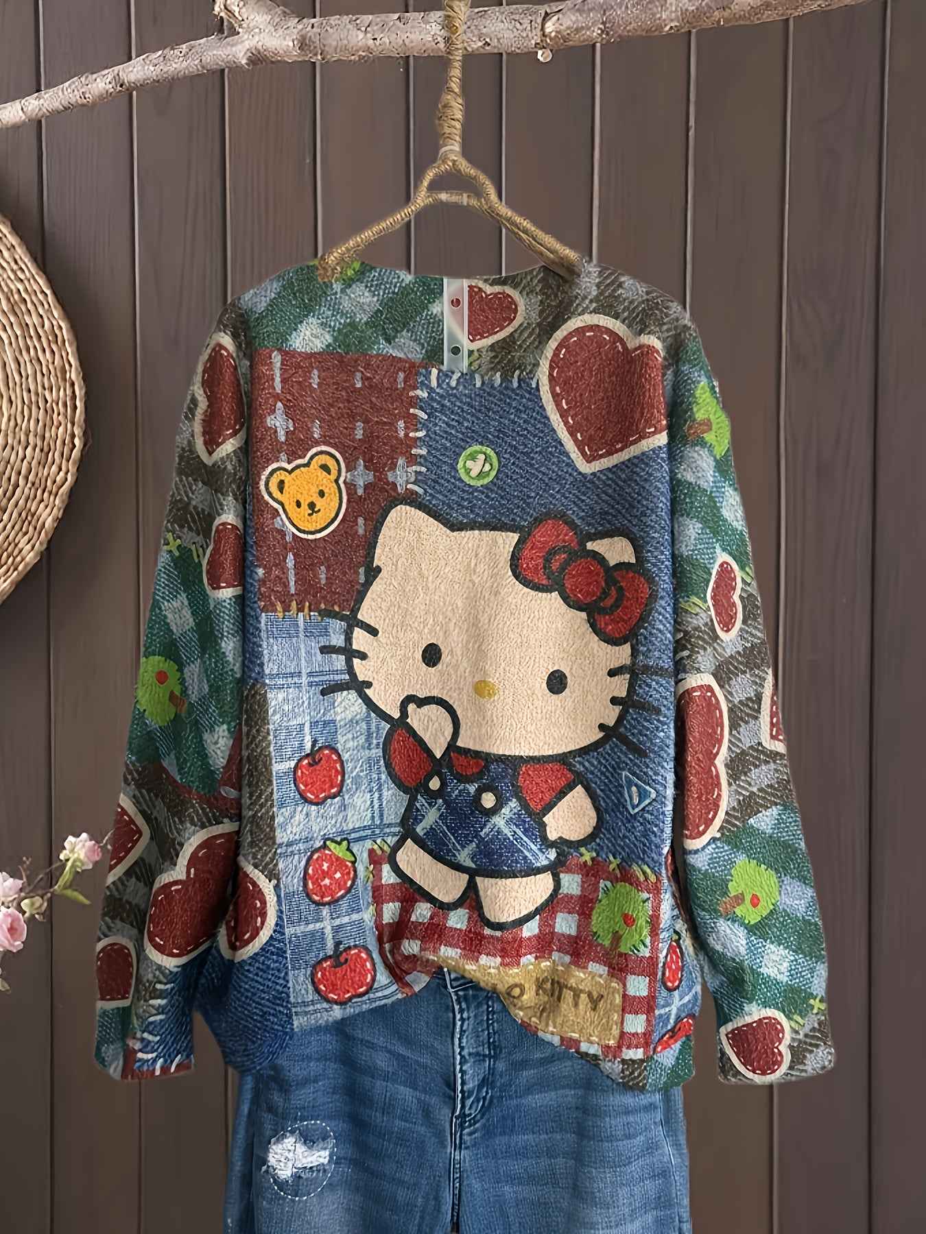 Plus Size, Women's Plus Size Elegant Oversized Plush Cat & Floral Sweater - Loose Fit Round Neck Long Sleeve Pullover, Cozy Winter Sweaters Suitable for Fall/Winter, Casual & Semi-Formal Wear
