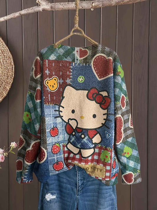 Plus Size, Women's Plus Size Elegant Oversized Plush Cat & Floral Sweater - Loose Fit Round Neck Long Sleeve Pullover, Cozy Winter Sweaters Suitable for Fall/Winter, Casual & Semi-Formal Wear