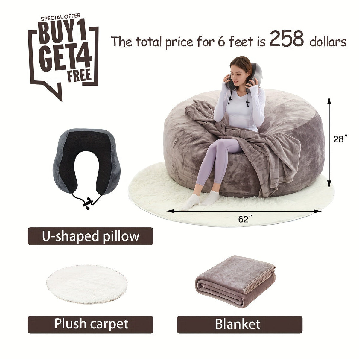 Bean Bag Chair(Give 3 Gifts:U-shape Pillow, Blanket Pillow, 6FT Carpet)Comfy Lazy Sofa Bed, Including 50 Pounds Of Filler, Large 6' Bean Bags With Memory Foam Filled, Large Beanbag Chairs Soft Sofa With Flannel Cover SS69 93.69 6FT(58