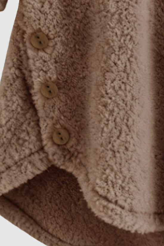 Plus Size - Women'S Plus Size Casual Teddy Hoodie with Cat Ears and Button Details | Long Sleeve, Asymmetrical Hem, Fall/Winter, Animal Print, Pullover Style