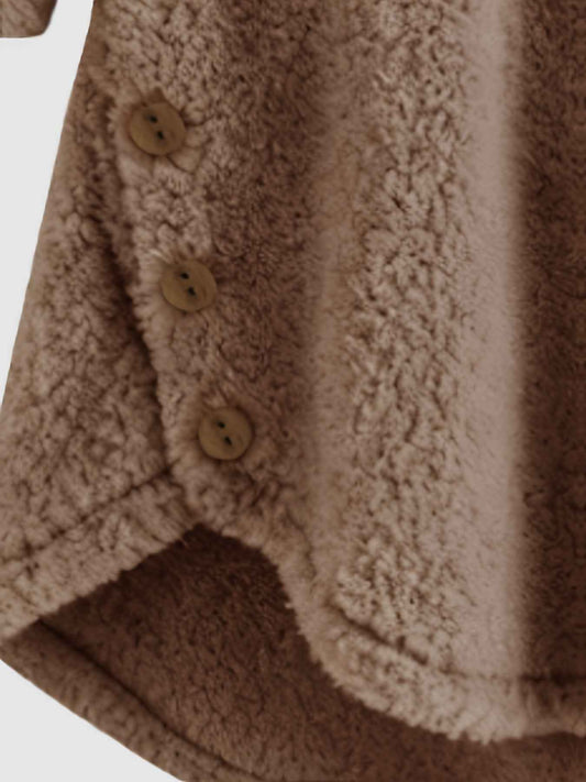 Plus Size - Women'S Plus Size Casual Teddy Hoodie with Cat Ears and Button Details | Long Sleeve, Asymmetrical Hem, Fall/Winter, Animal Print, Pullover Style