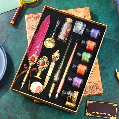 Antique Vintage Quill Pen and Ink Set - Gem Feather Pen Set with Glass Dip Pen, Wooden Dip Pen, Fire Lacquer Wax Beads, Spoon, Seal Stamp, Candle, Pen Base, Cup - Unique Gift for Writers, Artists & History Enthusiasts - Perfe SS69