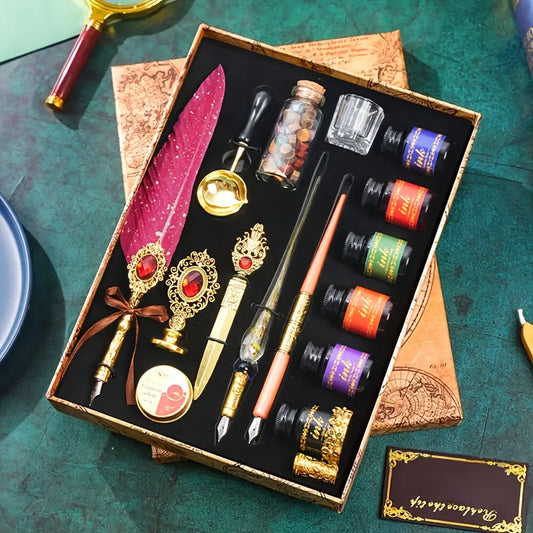 Antique Vintage Quill Pen and Ink Set - Gem Feather Pen Set with Glass Dip Pen, Wooden Dip Pen, Fire Lacquer Wax Beads, Spoon, Seal Stamp, Candle, Pen Base, Cup - Unique Gift for Writers, Artists & History Enthusiasts - Perfe SS69