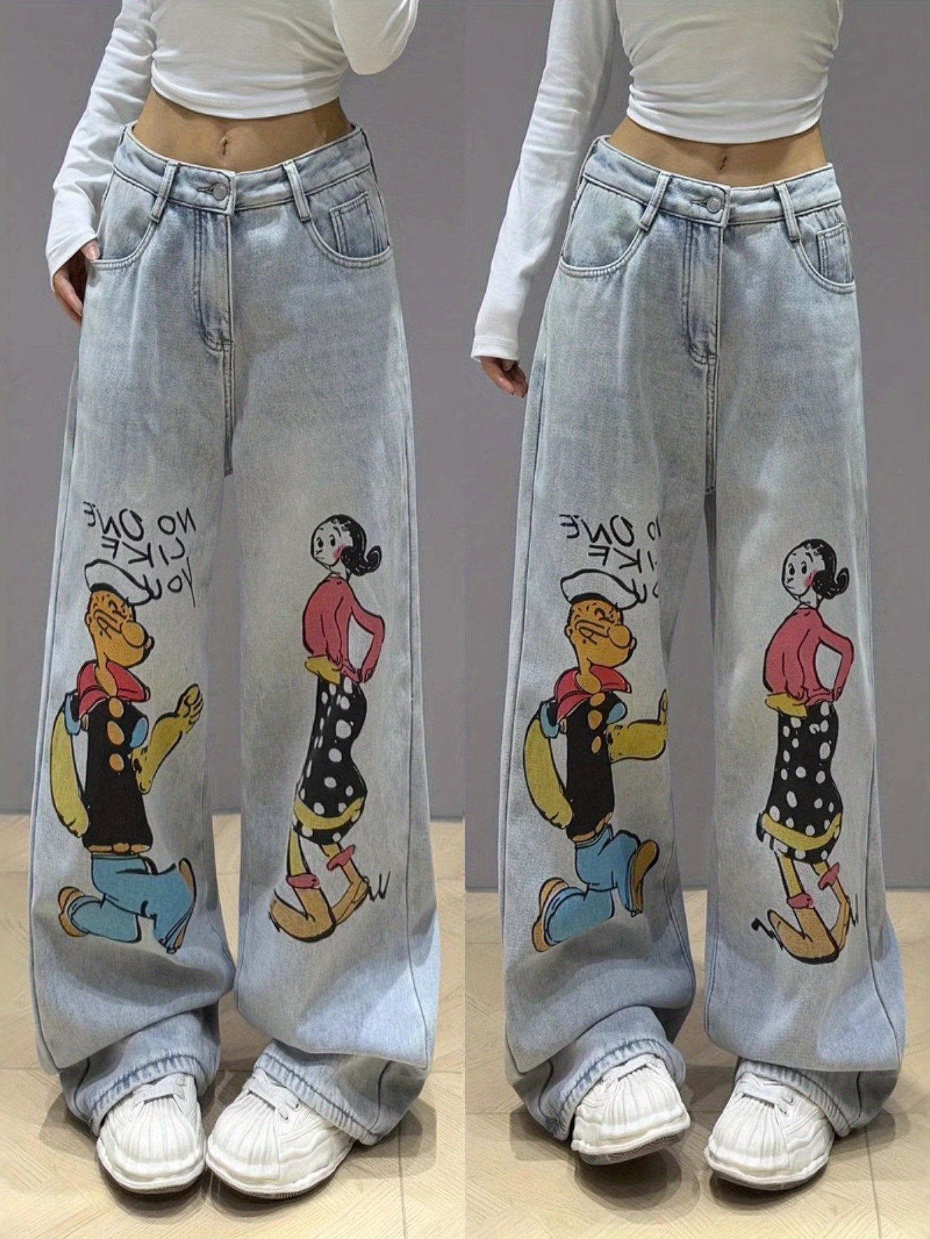 2025 new cartoon graffiti straight jeans for women light color casual versatile loose slim washed mopping trousers SS69