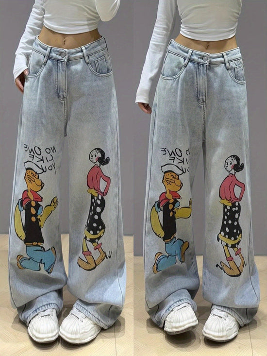 2025 new cartoon graffiti straight jeans for women light color casual versatile loose slim washed mopping trousers SS69