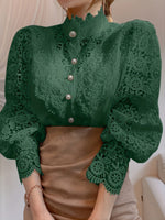 [Pearl Button Blouse] Pearl Button Elegant Victorian-Inspired Lace Blouse - Long Sleeve Mock Neck Green Polyester Pleated Design for Women, Perfect for Halloween Cosplay & Gothic Fashion SS69