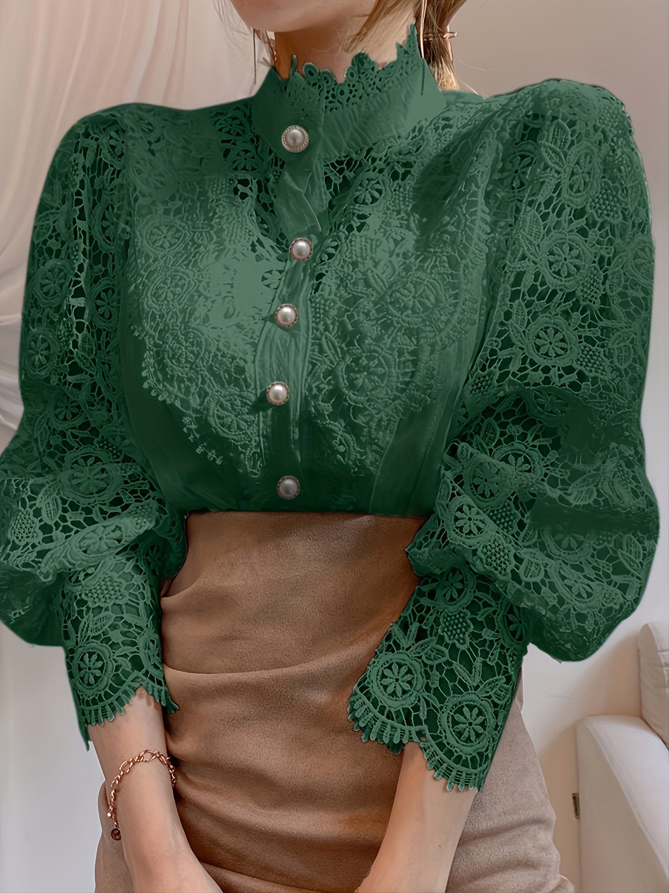[Pearl Button Blouse] Pearl Button Elegant Victorian-Inspired Lace Blouse - Long Sleeve Mock Neck Green Polyester Pleated Design for Women, Perfect for Halloween Cosplay & Gothic Fashion SS69