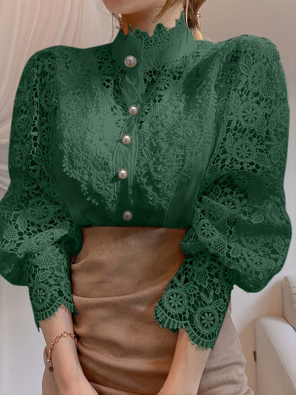 [Pearl Button Blouse] Pearl Button Elegant Victorian-Inspired Lace Blouse - Long Sleeve Mock Neck Green Polyester Pleated Design for Women, Perfect for Halloween Cosplay & Gothic Fashion SS69