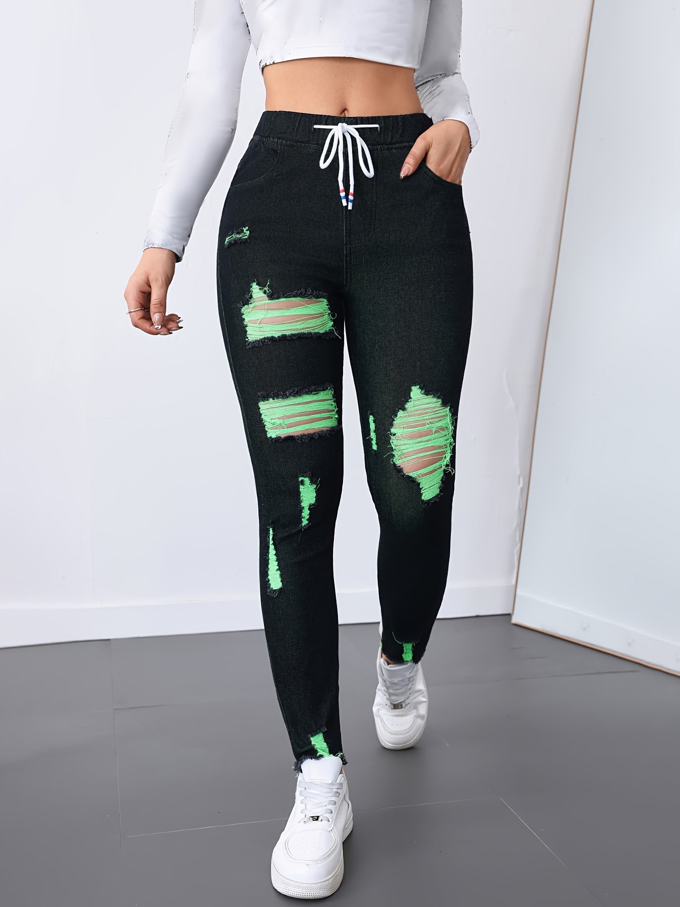 Women's High-Waisted Stretch Skinny Jeans - Black with Red & Green Thread Geometric Pattern, Y2K Distressed Ripped Cuffs & Slant Pockets, 85% Rayon/2% Elastane/13% Polyester Blend, Machine Washable All-Season Casual Pants SS69