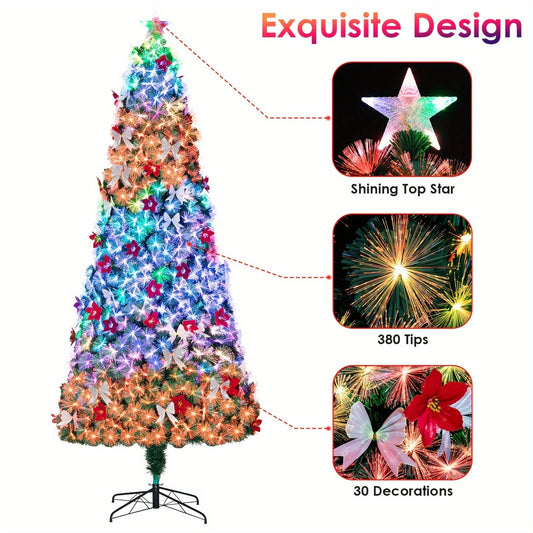 Pre-lit Christmas Tree, Fiber Optic Pre-lit Christmas Tree With Artificial Flowers And Bows, Multi-color Changing LED Lights, Starlight On Top, For Home Decoration, Holiday Party SS69
