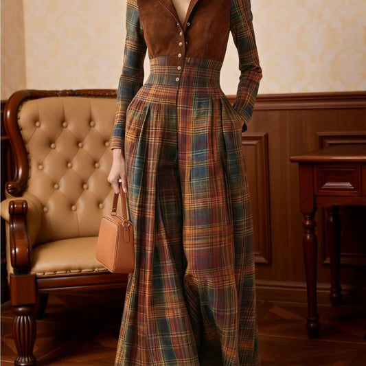 Women's Brown Plaid Patchwork Button-Front Jumpsuit - High-Waisted Wide-Leg Elegant Bohemian Romper for Vintage Parties, Art Exhibits & Fall/Winter Events | Hand Washable Non- Outfit