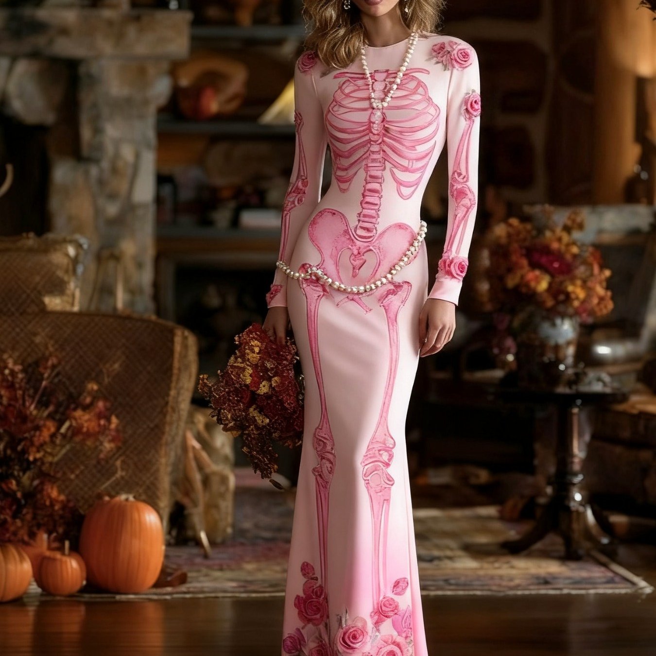 Women's Gothic Vampire Costume Dress - Full-Body Skeleton Print & Anatomical Heart Design Long Sleeve Maxi Gown with A-Line Silhouette, Short Train Hem for Halloween Parties, Prom, Themed Events - Machine Washable Gothic Wedd SS69 26.69 B / XXL