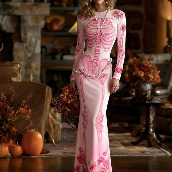 Women's Gothic Vampire Costume Dress - Full-Body Skeleton Print & Anatomical Heart Design Long Sleeve Maxi Gown with A-Line Silhouette, Short Train Hem for Halloween Parties, Prom, Themed Events - Machine Washable Gothic Wedd SS69 26.69 B / XXL