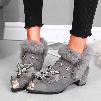 Fashio Pointed Toe faux fur Shoes for Women, Large Size, Fleece-Lined, Thick Heel, Thick Sole, Autumn Winter Warm Shoes