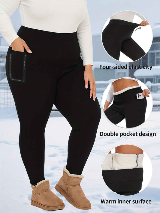 Plus Size, Women's Thermal Full-Length Leggings with Pockets - High-Elasticity Snug-Fit Pants for Winter Warmth, Solid Color Casual Wear Suitable for Home,, & Outdoor