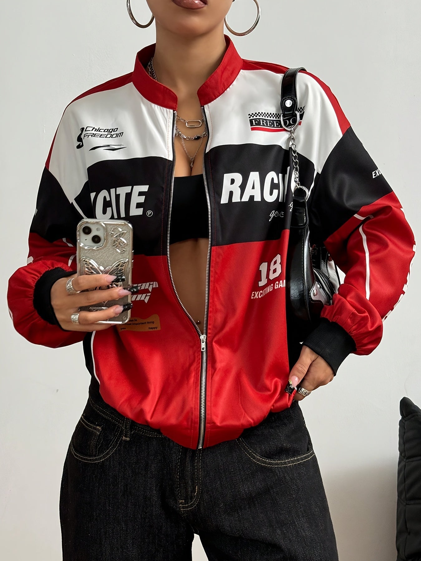 Women'S Vintage-Inspired Letter Print Bomber Jacket - Long Sleeve Zip-Up with Stand Collar, Lightweight Polyester, Black & White Design, Casual Chic for All Seasons SS69