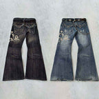 Women's Vintage Y2K Jeans - Mid-Rise Flared Pants, Washed Black Retro Leggings for 2000s Fashion Outfits, Casual & Formal Events - All-Season Jeans, Embroidered Details, Durable Fabric, Stylish Bottoms, Women, Trendy Outfit,