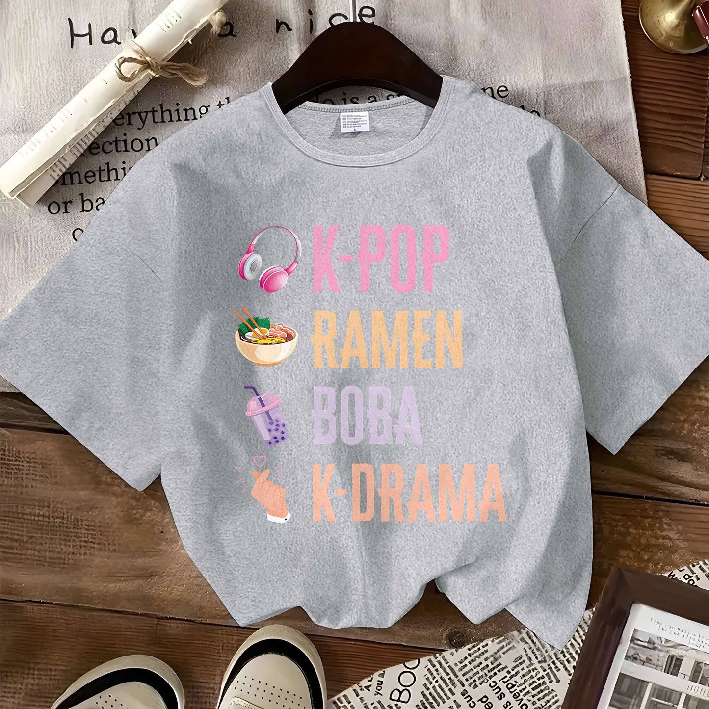 T-Shirt in 3 Colors - 180G [Popular Trendy Print] K-Pop Hand Symbol Kpop Ramen Bubble Tea Boba, Featuring a Printed Design on a Women'S Loose Round Neck Sweatshirt Hoodie, Long Sleeve T-Shirt Suitable for Casual Wear for Wome SS69 11.69 Silvery Grey / XXL