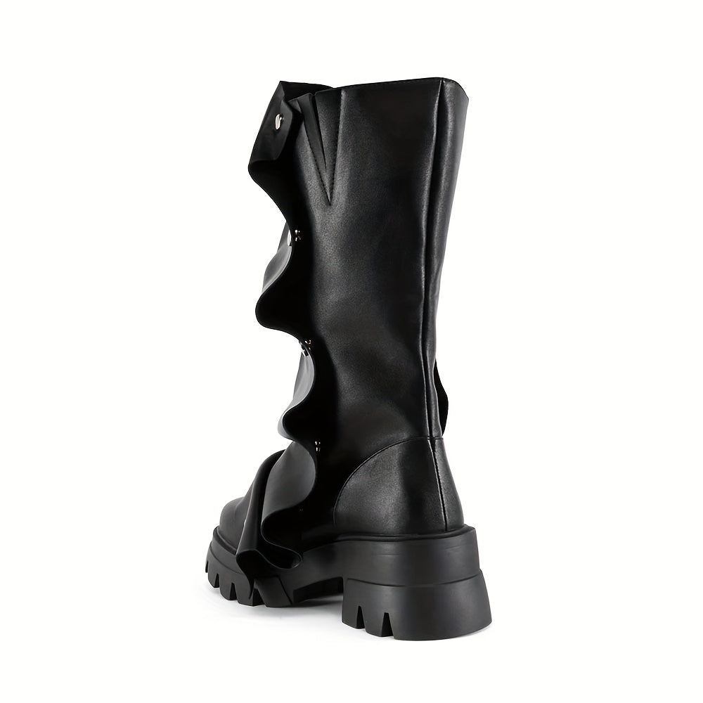 Women'S Round Toe Ruched Studded Mid Calf Chunky Heel Boots Stylish Boots Casual Dating Shoes SS69