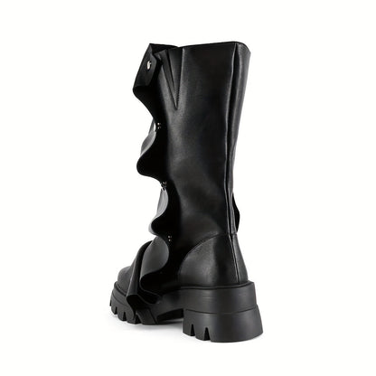 Women'S Round Toe Ruched Studded Mid Calf Chunky Heel Boots Stylish Boots Casual Dating Shoes SS69