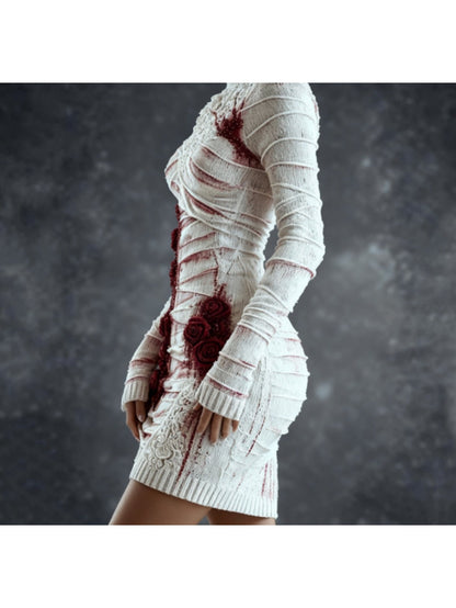 Women's Gothic Skeleton Print Sweater Dress - Form-Fitting Short Sleeve A-Line Dress with Round Neck, Hand Washable Costume Party Outfit for Halloween, Themed Events & Casual Wear (Skeleton Pattern) SS69