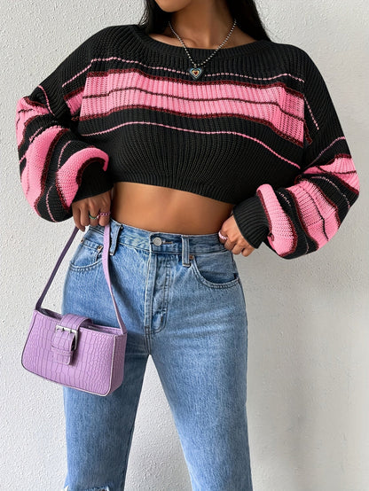 [Boat Neck Striped Pullover] Striped Boat Neck Pullover Sweater, Elegant Lantern Sleeve Drop Shoulder Crop Sweater, Women's Clothing SS69
