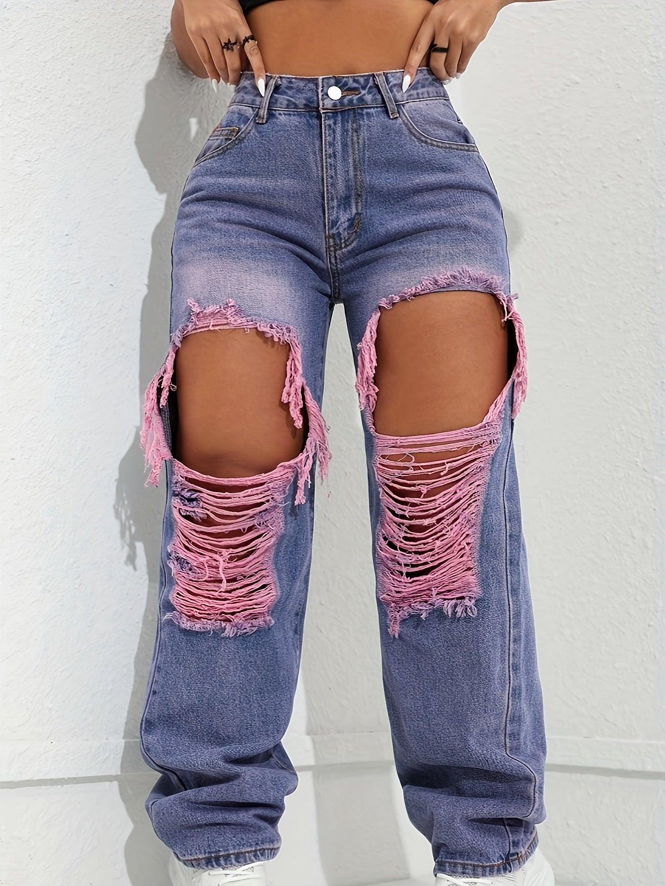 Women'S Ripped Trendy Jeans Casual Street Style Built-in Zip Closure Machine Washable All-season Comfortable Fit Multifunctional Straight-leg Trousers With Pockets Stylish Washed Purple Streetwear Trendy Versatile Jeans SS69