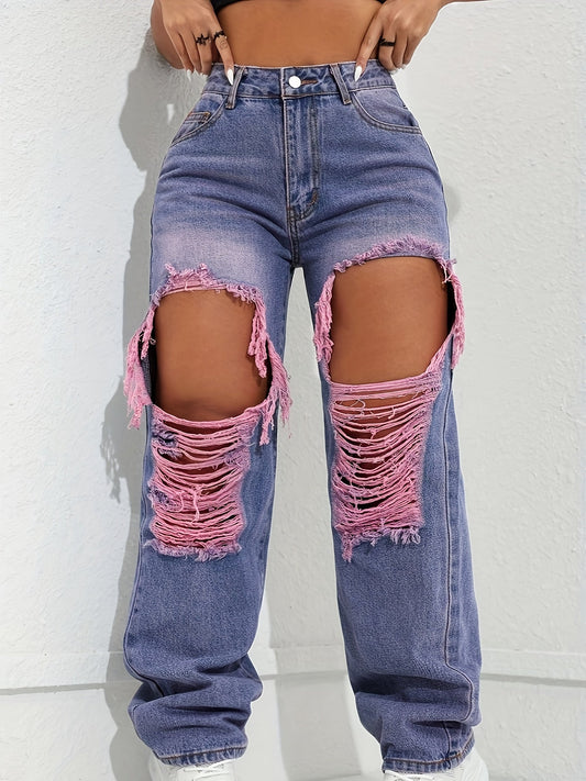 Women'S Ripped Trendy Jeans Casual Street Style Built-in Zip Closure Machine Washable All-season Comfortable Fit Multifunctional Straight-leg Trousers With Pockets Stylish Washed Purple Streetwear Trendy Versatile Jeans SS69
