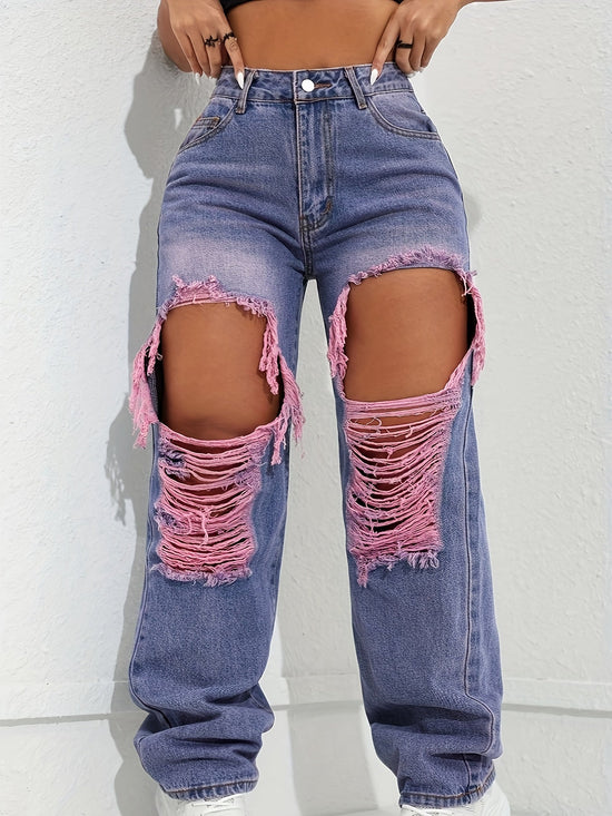 Women'S Ripped Trendy Jeans Casual Street Style Built-in Zip Closure Machine Washable All-season Comfortable Fit Multifunctional Straight-leg Trousers With Pockets Stylish Washed Purple Streetwear Trendy Versatile Jeans SS69