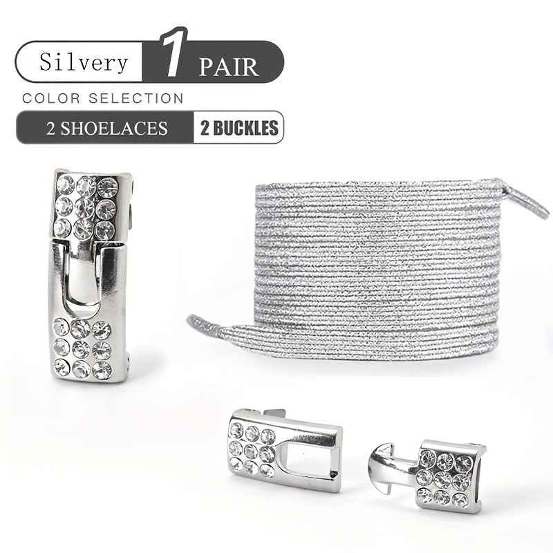 1pair Free-Tie Shoelaces With Rhinestone Buckles, Fashion Elastic Lazy Shoelaces For Sneakers Canvas Shoes Skate Shoes, Women & Men