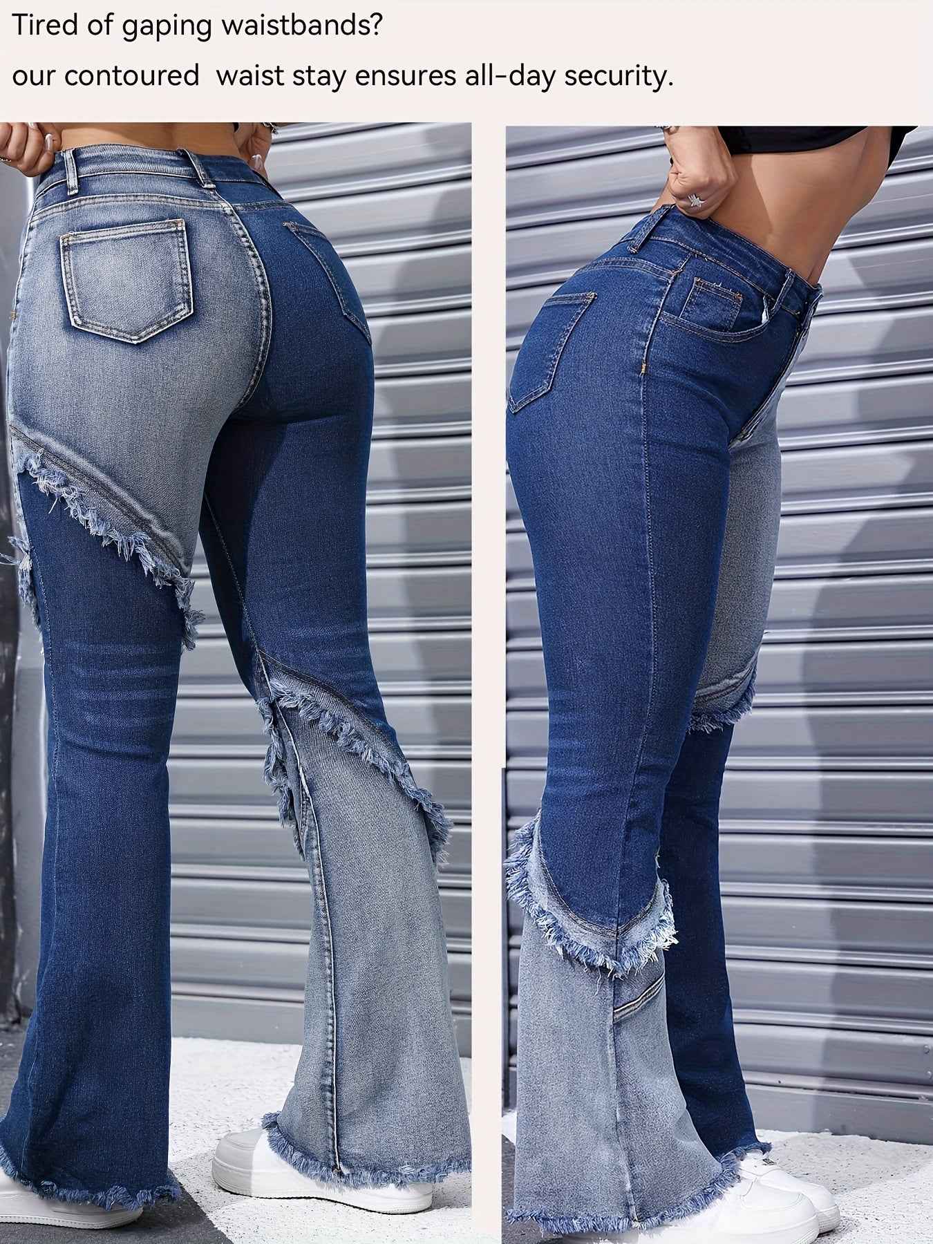 Women's High Waist Stretch Denim Jeans - Slim Fit Y2K Street Style with Two-Tone Patchwork & Raw Edge Flared Legs, Machine Washable Blue Washed Trousers, Trendy Outfit Pants, Bellbottom Silhouette, Detailed Stitching