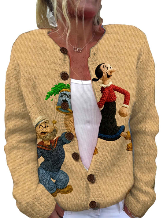 2D Printed Sweater with Vintage Pattern, Women's Lazy Style Cardigan for Autumn and Winter, Loose Fit Versatile Top, Popeye Print Fashionable Elegant Trendy Full Print Cardigan, "The First Gentle Cardigan of Early Autumn, 2D