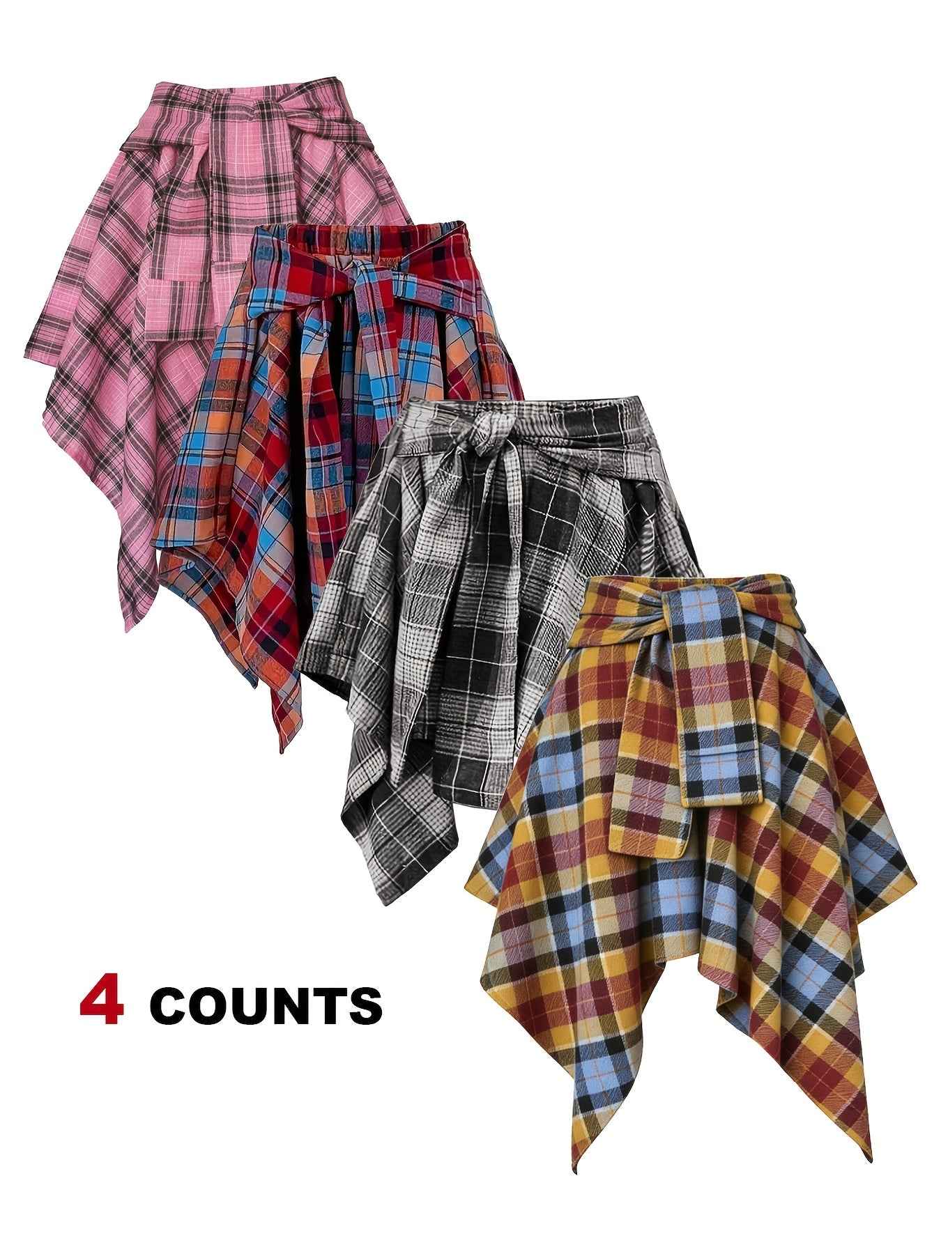 Plus Size - Plus Size - 4-Pack Plus Size Pleated Plaid Skirt | Women High Waist A-Line Elastic Waist Midi Skirt Casual Vintage Checkered Skirt With Slight Stretch Fabric