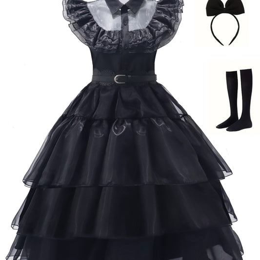 Vintage Gothic Cosplay Mesh Polo Collar Tiered Ruffle Dress - Polyester Solid Color Woven Funny Costume for Womens Party - No Elasticity, No Printing, No Sheer SS69 37.69 Black / XXL