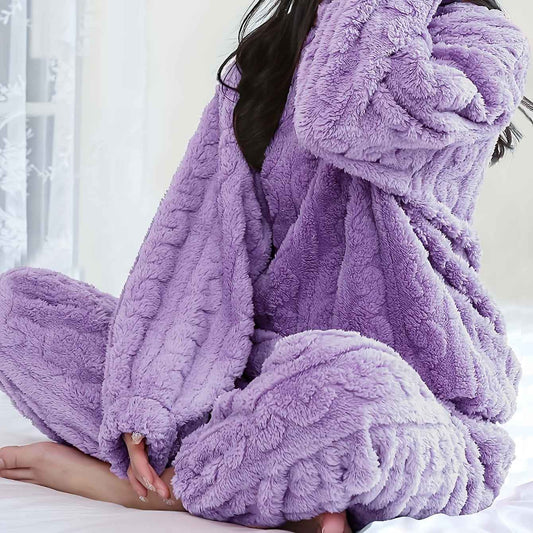 Solid Color Plus Size Women's Cozy Fleece Pajama Set - Soft Long Sleeve Round Neck Top & Pants, Casual Style, Perfect for Fall/Winter, Comfortable Sleepwear|Casual Style Pajamas|Soft Fleece Material