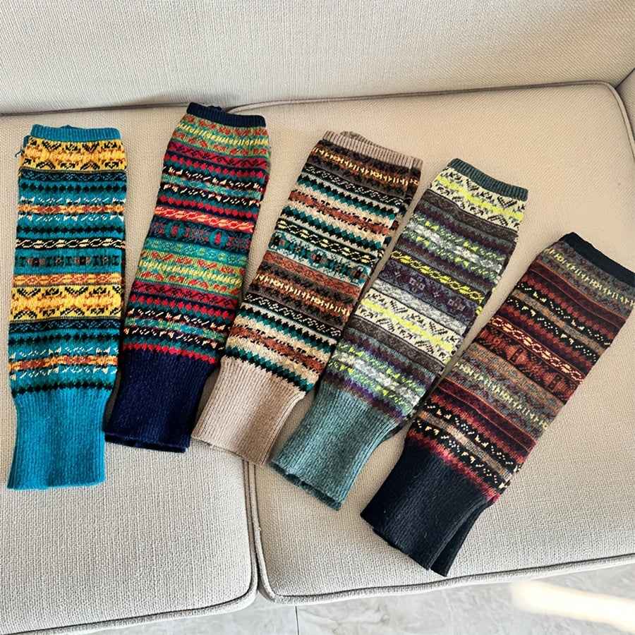 [Bohemian Leg Warmers] 1/2 Pair Women's Bohemian Leg Warmers - Cozy Geometric Pattern, Thick Warm Fleece-Lined Cuffs, Brown & Beige, Perfect for Fall & Winter, Winter Leg Warmers | Bohemian Style | Construction, Leg Warmers f