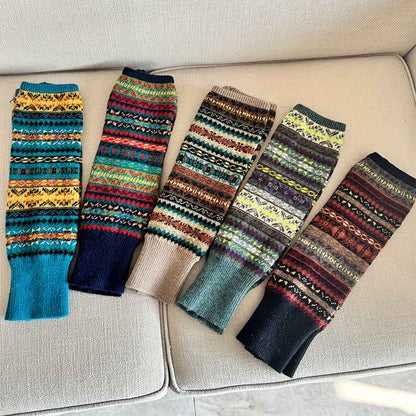 [Bohemian Leg Warmers] 1/2 Pair Women's Bohemian Leg Warmers - Cozy Geometric Pattern, Thick Warm Fleece-Lined Cuffs, Brown & Beige, Perfect for Fall & Winter, Winter Leg Warmers | Bohemian Style | Construction, Leg Warmers f