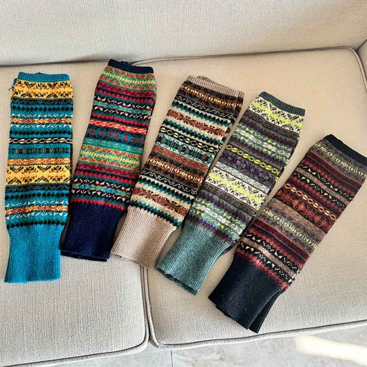 [Bohemian Leg Warmers] 1/2 Pair Women's Bohemian Leg Warmers - Cozy Geometric Pattern, Thick Warm Fleece-Lined Cuffs, Brown & Beige, Perfect for Fall & Winter, Winter Leg Warmers | Bohemian Style | Construction, Leg Warmers f
